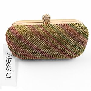 Alessia Gold & Colorful Rhinestone Oval Shaped Clutch With Gold Chain. NEW